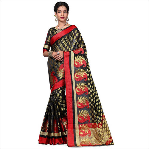 Embroidered Black Colour Banarasi Art Silk Woven Work Saree With Unstitched Blouse Piece