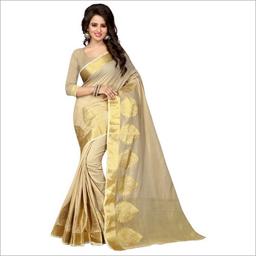 Embroidered Designer Beige Banarasi Cotton Silk Saree With Blouse