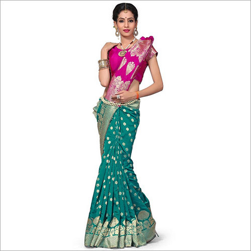 Embroidered Green & Pink Colour Banarasi Art Silk Woven Work Saree