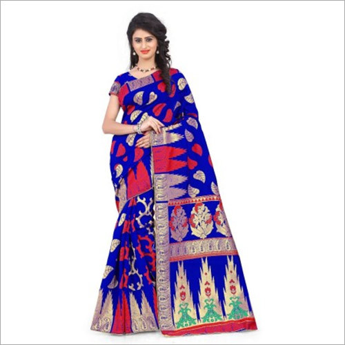 Art Silk Royal Blue And Red Jacquard Saree With Blouse