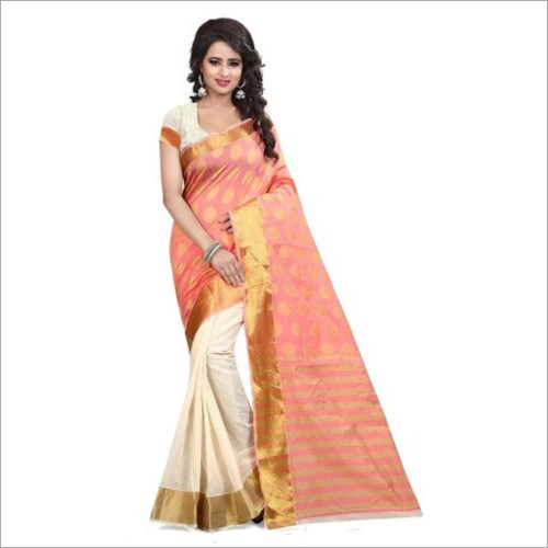 Art Silk Traditional Peach And Off White Banarasi Saree