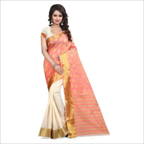 Banarasi Silk Saree - Art Silk, Embroidered Pattern in Peach & Off White | Resam Embroidery, Ideal for Rainy, Spring, Winter Seasons