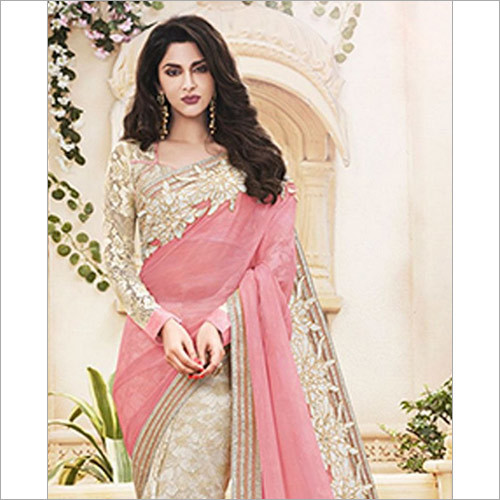 Velvet Excellent Pink & Beige Wedding Saree