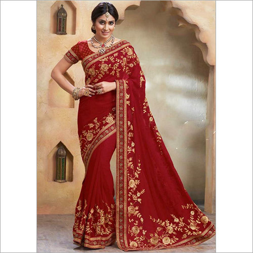 Velvet Maroon Thread Work Georgette Bollywood Wedding Sarees