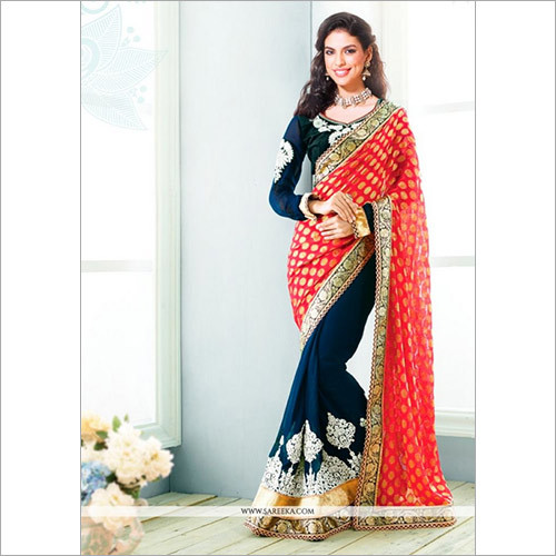 Embroidered Navy Blue And Red Jacquard Wedding Saree