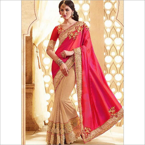 Embroidered Pink Cream Embroidery Patch Work Silk Fancy Wedding Saree