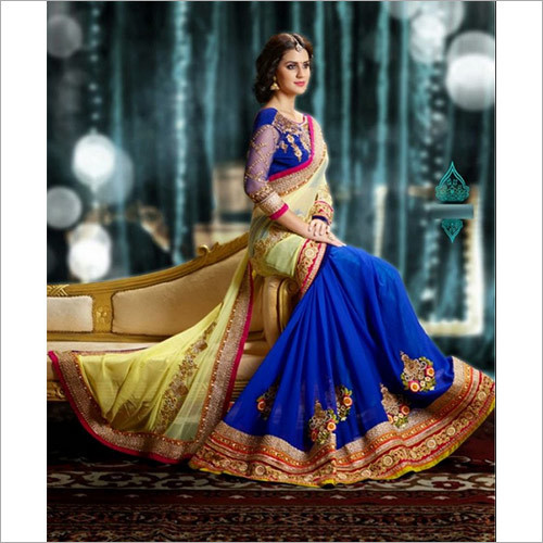 Embroidered Pure Georgette Blue And Cream Designer Wedding Saree
