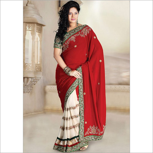 Net Red And Cream Velvet Half And Half Bridal And Wedding Saree