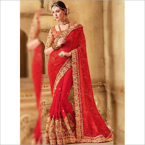 Embroidered Red Embroidery Booti Work Georgette Net Fancy Wedding Saree