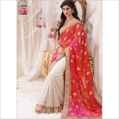 Embroidered Red Net And Viscose Wedding Half And Half Saree