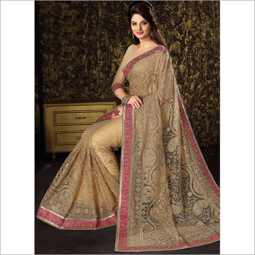 Velvet Smoldering Lace Border Net Beige Designer Wedding Saree