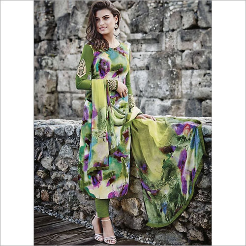 Dilettante Green Cotton Satin Churidar Suit Decoration Material: Paint