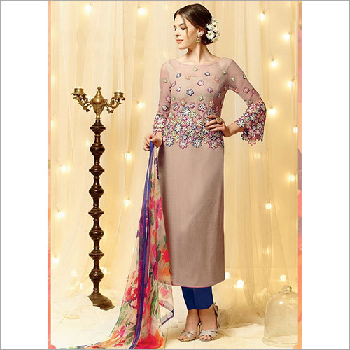 Surpassing Cotton Satin Churidar Suit - Dark Grey, Full Sleeve with Embroidered Design | Anti UV, Anti Wrinkle, Quick Dry, Waterproof, All Season