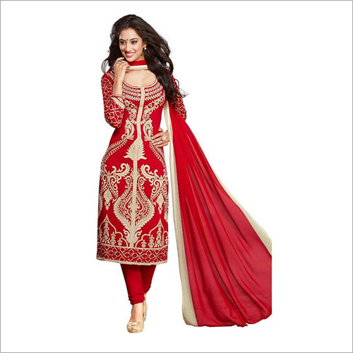Red Colour Synthetic Chudidar And Patiyala Dress Materials Decoration Material: Laces