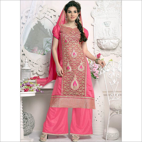 Blooming Pink Chanderi Cotton Palazzo Salwar Suit Decoration Material: Laces