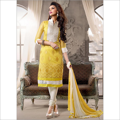 Dignified Yellow Chanderi Cotton Churidar Suit - Cotton, Full Sleeves, Embroidered | Anti UV, Anti Wrinkle, Quick Dry, Water Proof, All Season