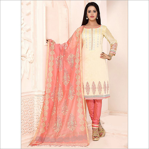 Glossy Beige Chanderi Cotton Churidar Suit - Cotton Full Sleeves Beige Color Embroidered Pattern | Anti-Wrinkle Washable Non-Toxic Waterproof