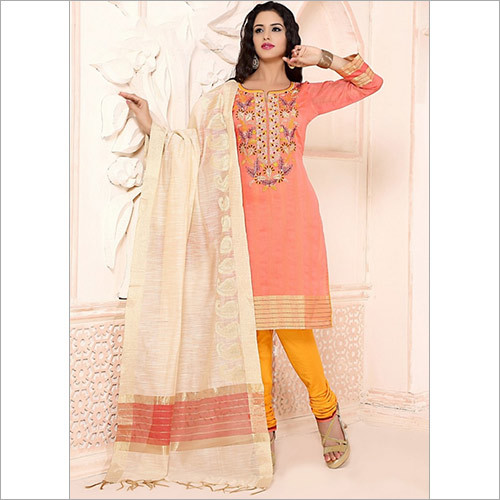 Hegemonic Peach Chanderi Cotton Churidar Suit Decoration Material: Cloths