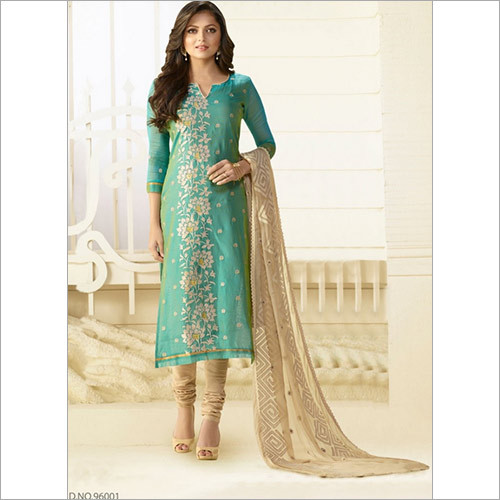 Intelligent Teal Green Chanderi Silk Churidar Suit - Silk, Full Sleeves, Teal Green | Anti-Wrinkle, Non-Toxic, Washable, All-Season, Printed Pattern