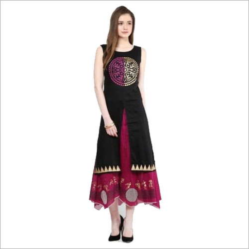 Washable Black Cotton Printed Long Kurti
