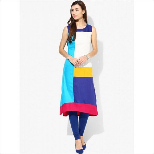 Cotton Multi Colored Sleeveless Colorblock Kurta