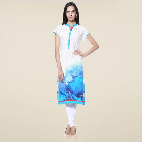 Off White & Blue Printed Rayon Kurta - Cotton Fabric, Short Sleeve, Vibrant Colors | Anti-Wrinkle, Non-Toxic, Washable, Ideal for Casual and Formal Wear
