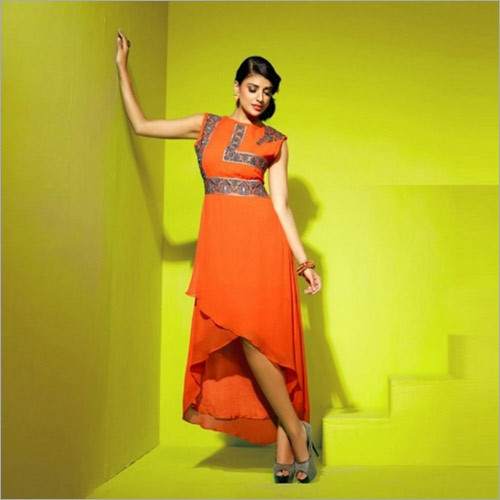 Washable Orange Faux Georgette Tulip Shaped Kurti