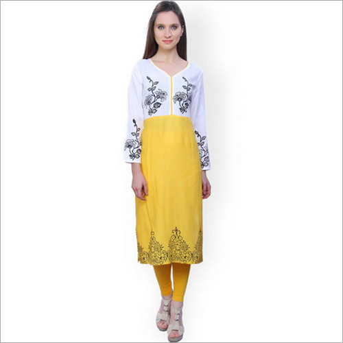 White & Yellow Printed Kurta - Cotton Fabric, 3/4 Sleeve Style | Anti-Wrinkle, Shrink-Free, Water-Resistant, Washable, Non-Toxic, High Durability