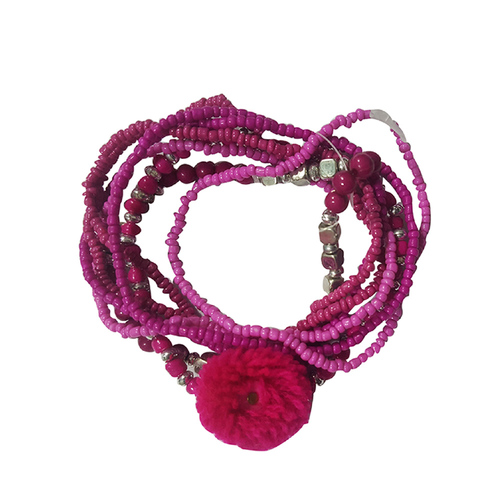 Purple Pom Pom and Glass Beads Bracelet Set