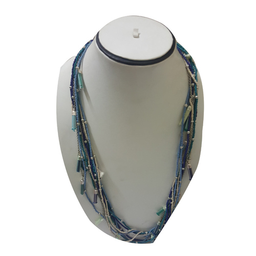 Blue Glass Beaded and Tussle Long Necklace