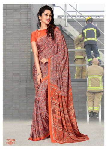 Indian Designer Saree - Crepe Silk, 5.5 Mtr Length, Orange and Grey Printed Pattern | Lightweight, Smooth Texture, Wrinkle Free, Ideal for Parties and Occasions