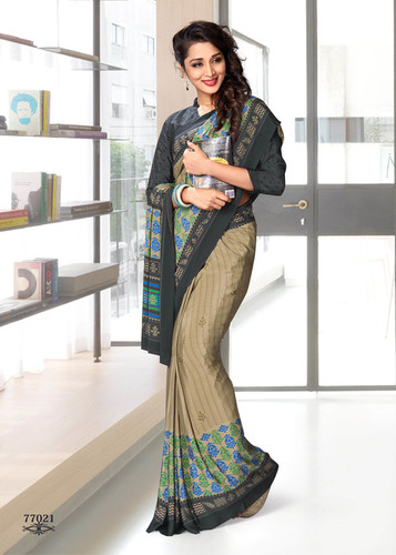 Khaki And Charcoal Crepe Silk Uniform Saree