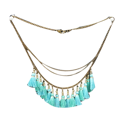 Light Blue Tussle With Long Metal Chain Necklace