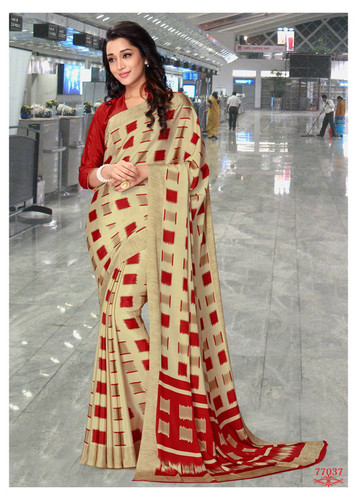 Cream And Red Printed Crepe Saree