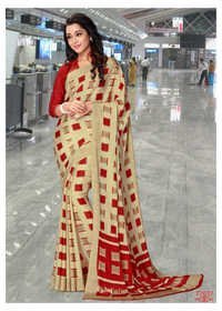 Cream And Red Printed Crepe Saree