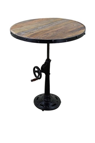 Handmade Wooden Round Top Adjustable Height Industrial Crank Table