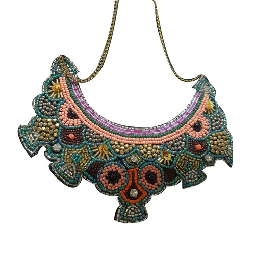 Green Glass Seed Beaded Hand Embroidery Necklace