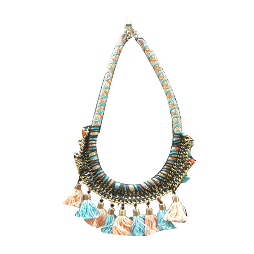 Light Blue and Pink Color Tussle Long Necklace