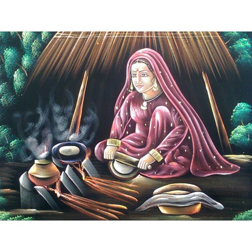 Chapati Making Woman Painting - Velvet Fabric Base, 20x27 Inches, Modern Style | Vibrant Acrylic Colors, Cultural Artwork