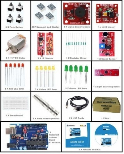 Arduino Quick Learning Kit - Atmega8 Board, Full Size Breadboard | Easy Setup, DIY Projects, Multiple Sensors, RGB LEDs