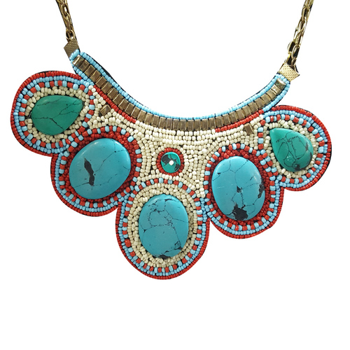 Blue Stone Beads With White Glass Beads Choker Necklace