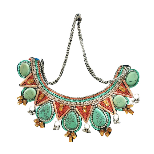 Light Green Stone Beads and Orange Glass Beads Choker Necklace