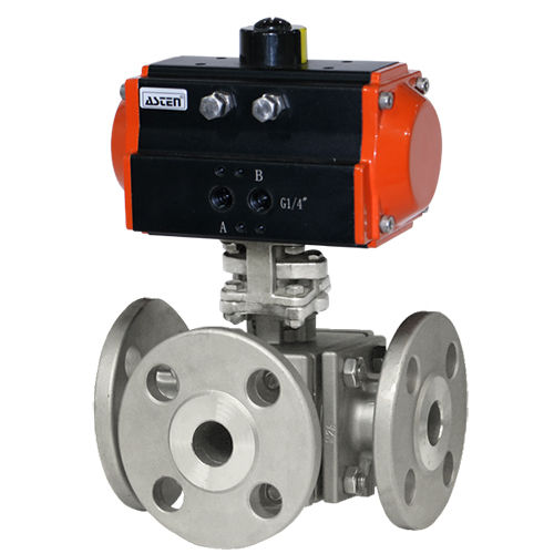 Pneumatic Actuator Operated 4 Way Ball Valve - Color: Black