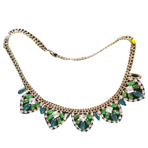Green Stone Beaded With Metal Chain Choker Necklace