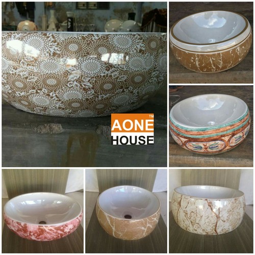 Multi Sticker Design Table Top Wash Basin - Ceramic Material, Above Counter Installation | Customizable Color Options, Decorative Handwork and Plating Available