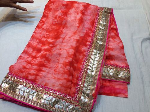 Pure Shibori Cotton Silk Saree - With Gotta Border and Cotton Silk Blouse | Patch Work, Woven Pattern, Closure: Laces, Available in Various Colors