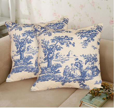 Blue Print On Off White Quilted Cushion Cover