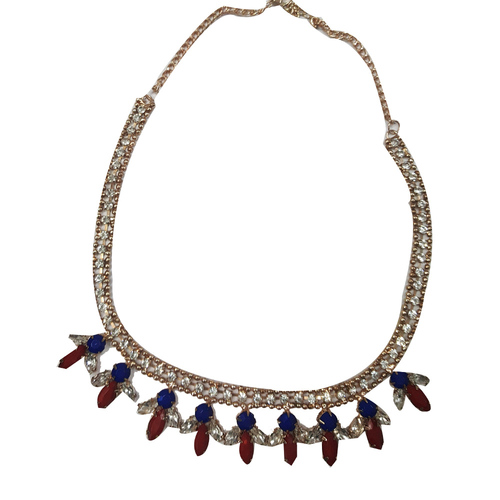 Blue and Red Stone Beaded With Metal Chain Necklace