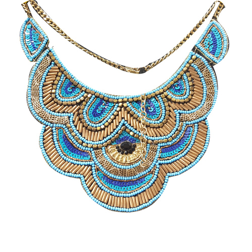 Blue Glass Beaded Hand Embroidery Choker Necklace