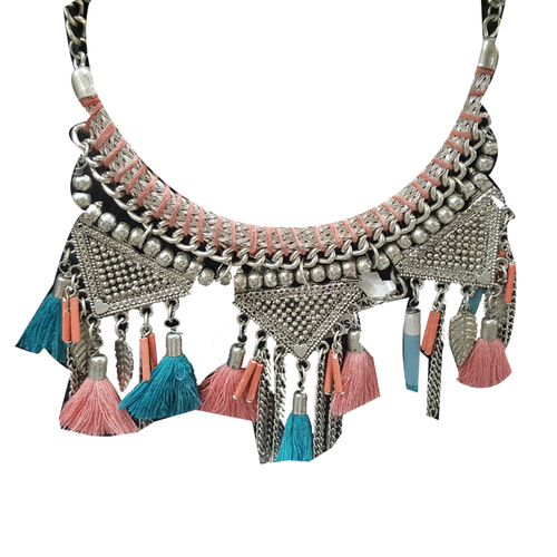 Silver Metal Necklace With Pink Tussle
